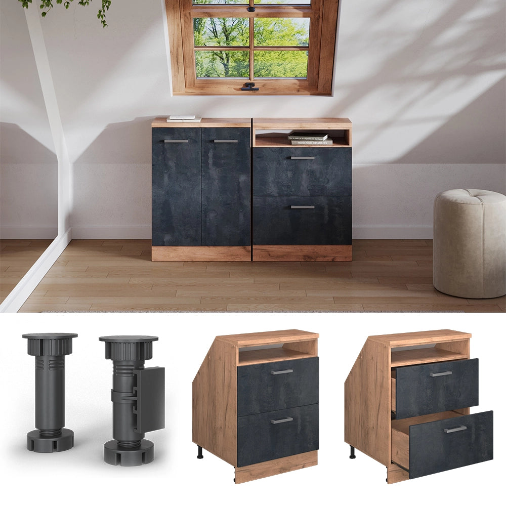 Mobile sottotetto Rion Calce nera/Rovere dorato 60 x 83.8 cm con 2 cassetti, carcassa 60 cm profondità Vicco