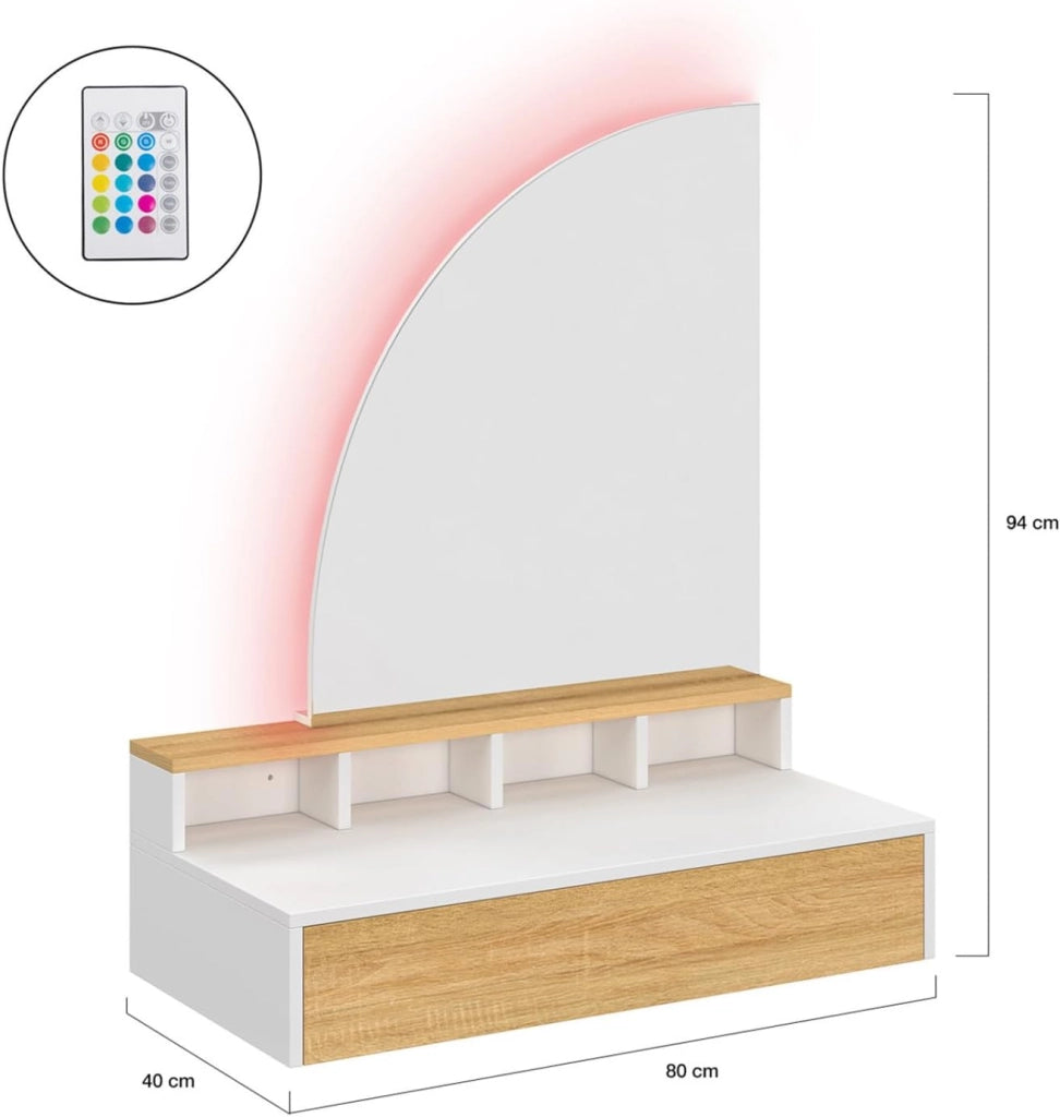 ZELIA, tavolo da toilette sospeso con specchio LED, 4 nicchie, 1 cassetto, legno e bianco