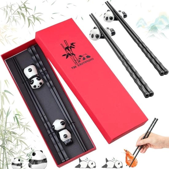 Set di Stuzzicadenti in Fibra di Vetro per Pasti Cinesi - Resistenti al Lavastoviglie - Inclusi 2 Supporti per Stuzzicadenti in Ceramica con Panda - Scatola Regalo inclusa