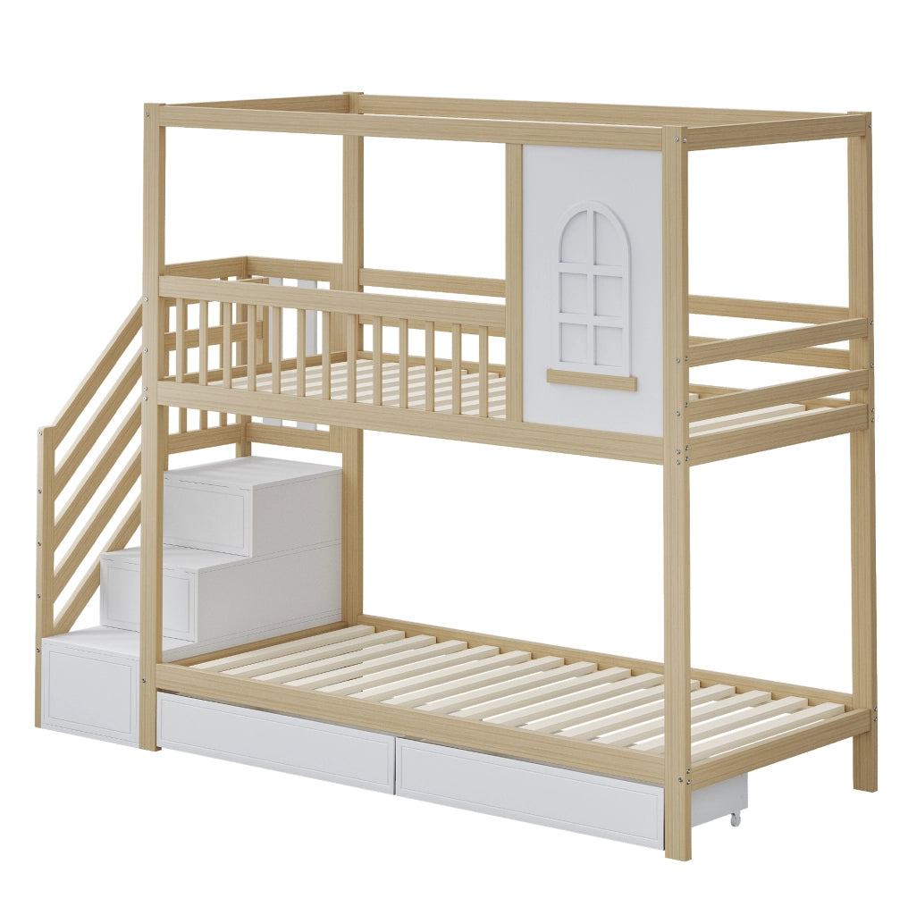 Letto a castello 90x200 cm legno naturale con cassetti e scala