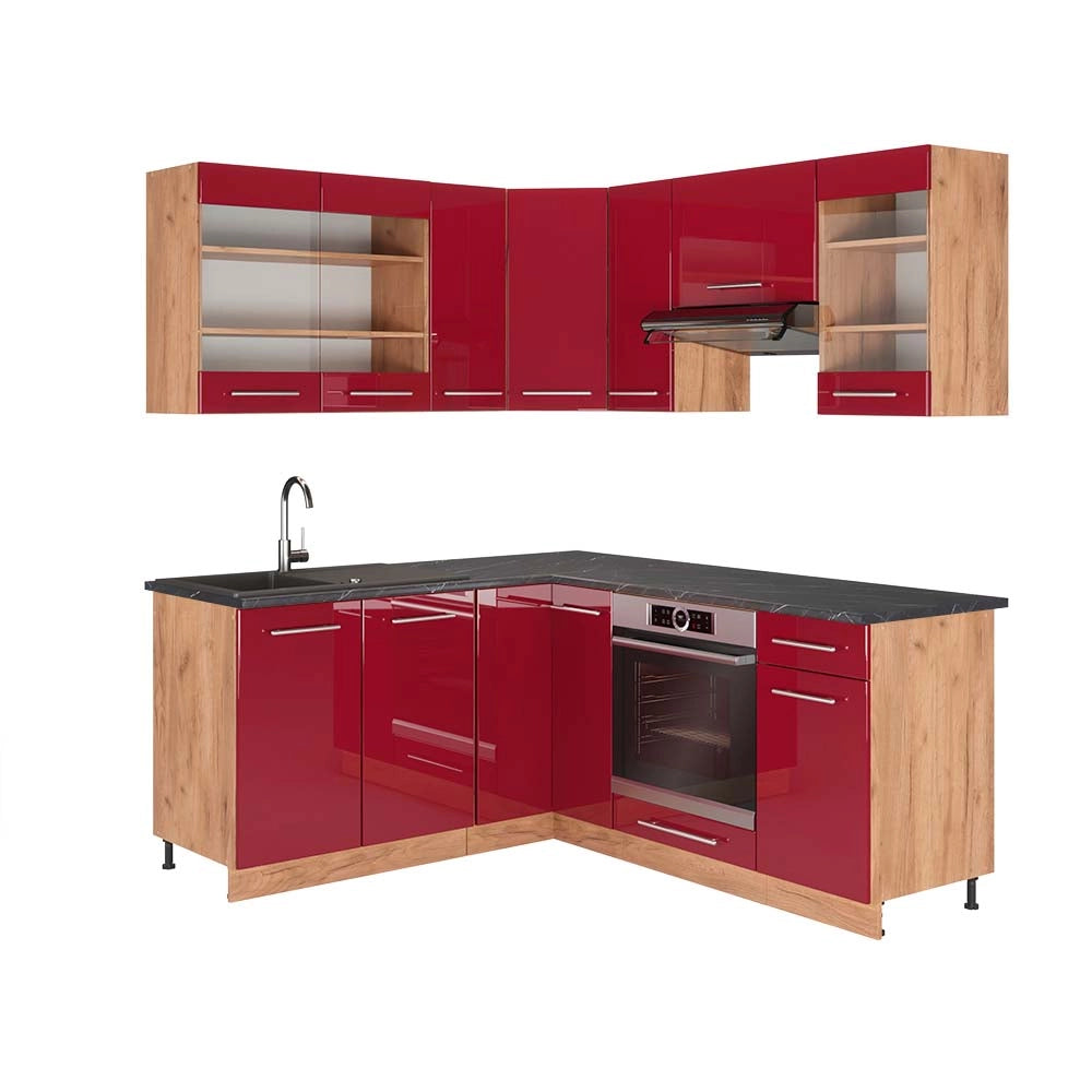 Vicco Cucina angolare completa Bordeaux lucido/rovere dorato 160 x 190 cm , PL Antracite
