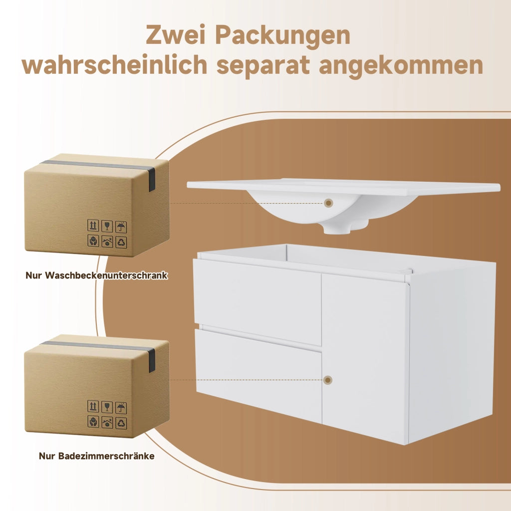 Mobile sottolavabo con lavabo in ceramica, LED con sensore radar, 2 cassetti e 1 vano, bianco 91 × 46,5 × 50,5 cm