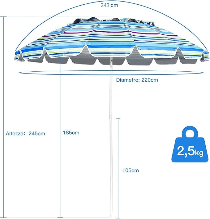 Ombrellone da Spiaggia 2,43 m, Ombrellone Portatile da Esterno con Borsa di Trasporto, con Protezione Solare, Ideale per Spiaggia, Balcone, Giardino（Blu)