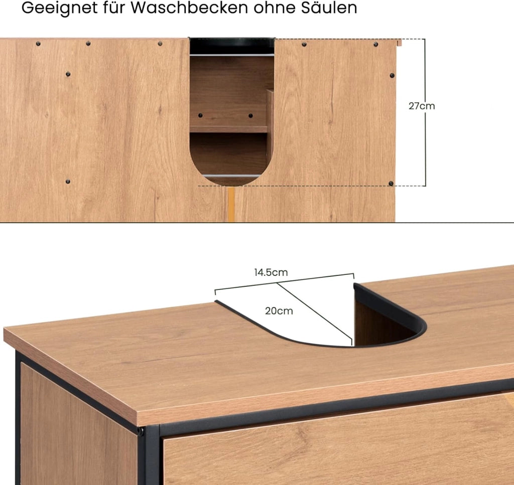 Mobiletto Bagno, Mobiletto Portaoggetti, Mobile Sottolavello da Bagno con 2 Cassetti e 3 Vani a Giorno, Struttura in Metallo, Rovere Chiaro - Nero, 90x30x60 cm