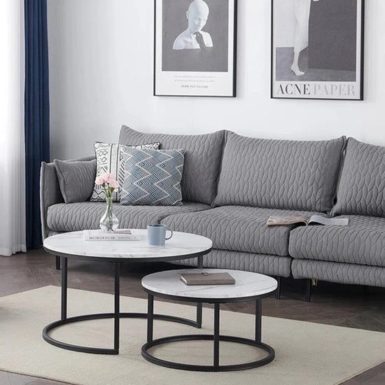 Set di due tavoli salotto con finitura marmorea - Tavolini da soggiorno eleganti e rotondi - Mobili di stile per la camera da soggiorno - diametro 80 e 60 cm