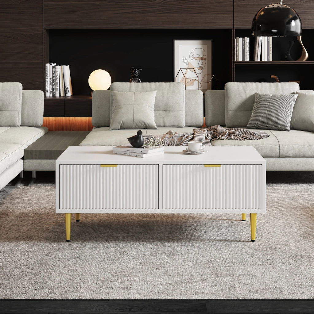 Tavolino da caffè bianco e oro con 2 cassetti, 100 x 50 x 40 cm