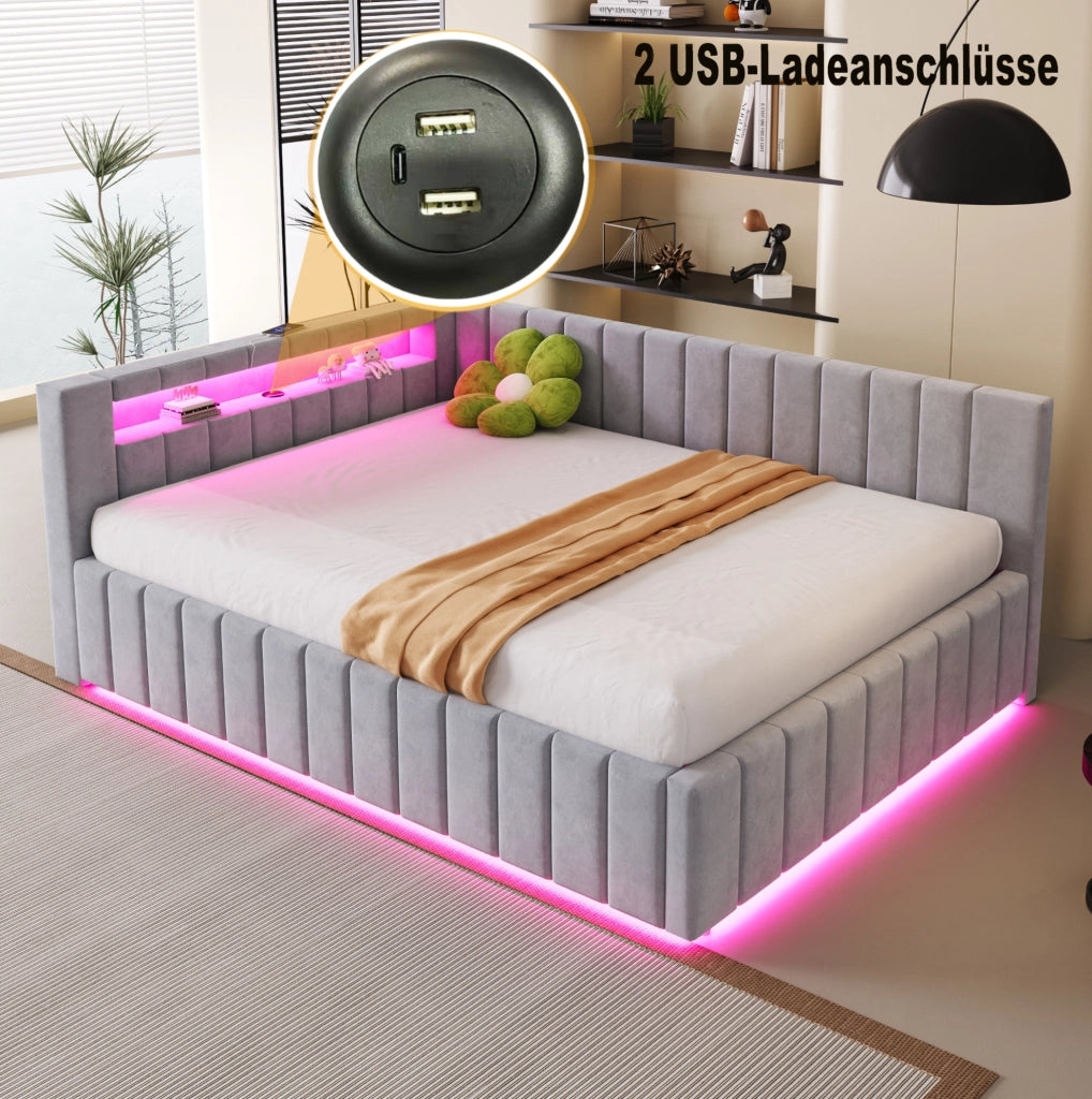 Letto imbottito 140x200 cm con contenitore idraulico; LED e USB; velluto grigio