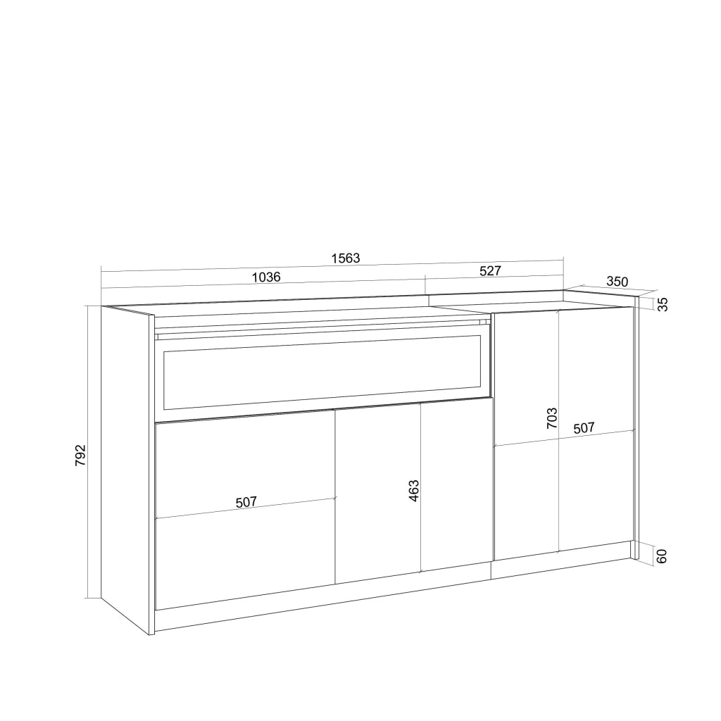 Credenza, Mobile, Cucina, 156x80x37 cm, 3 Porte, Camino elettrico, LED, Rovere e nero