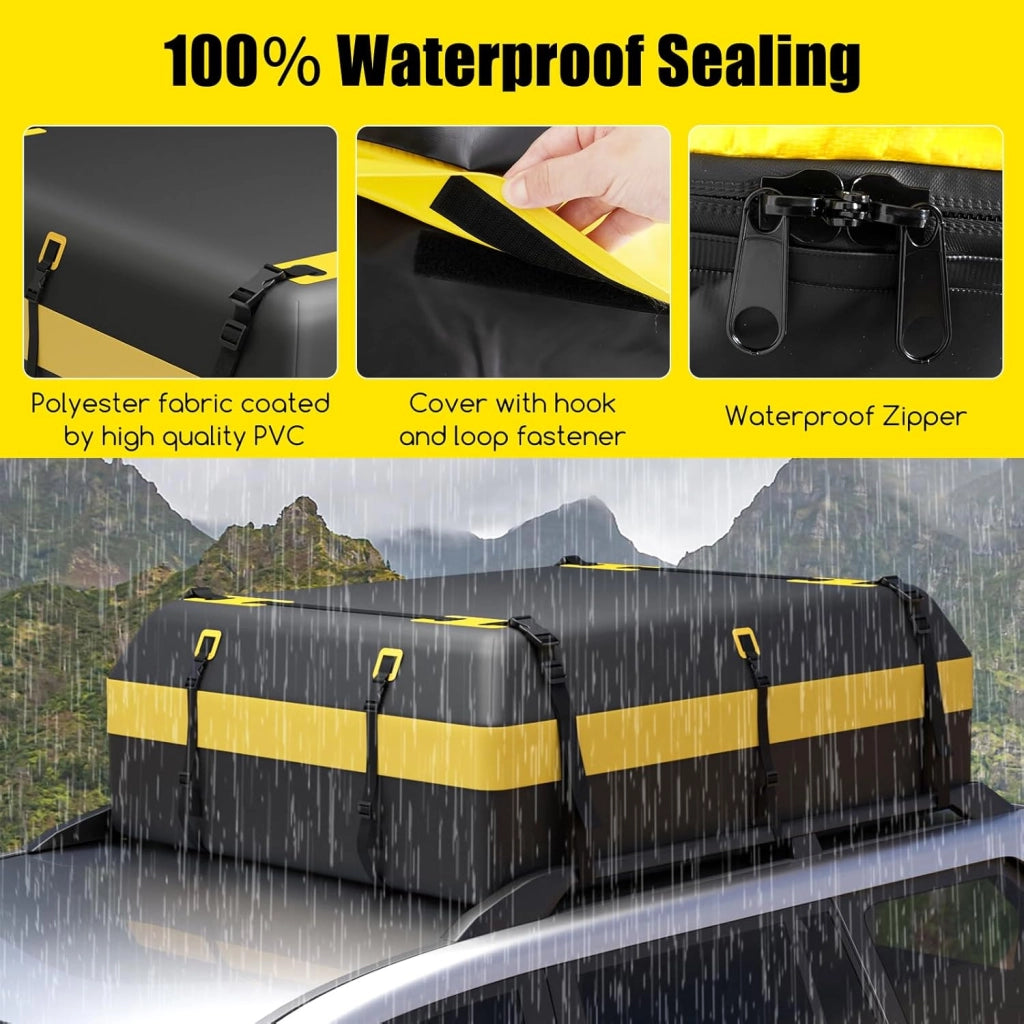 Box Tetto Auto 600 Litri, Portapacchi Auto Tetto 100 X 130 X 44 CM, Impermeabile con Tappetino Antiscivolo e Borsa per il Trasporto, Porta Bagagli Universale per Auto, SUV (Nero+Giallo-600L)