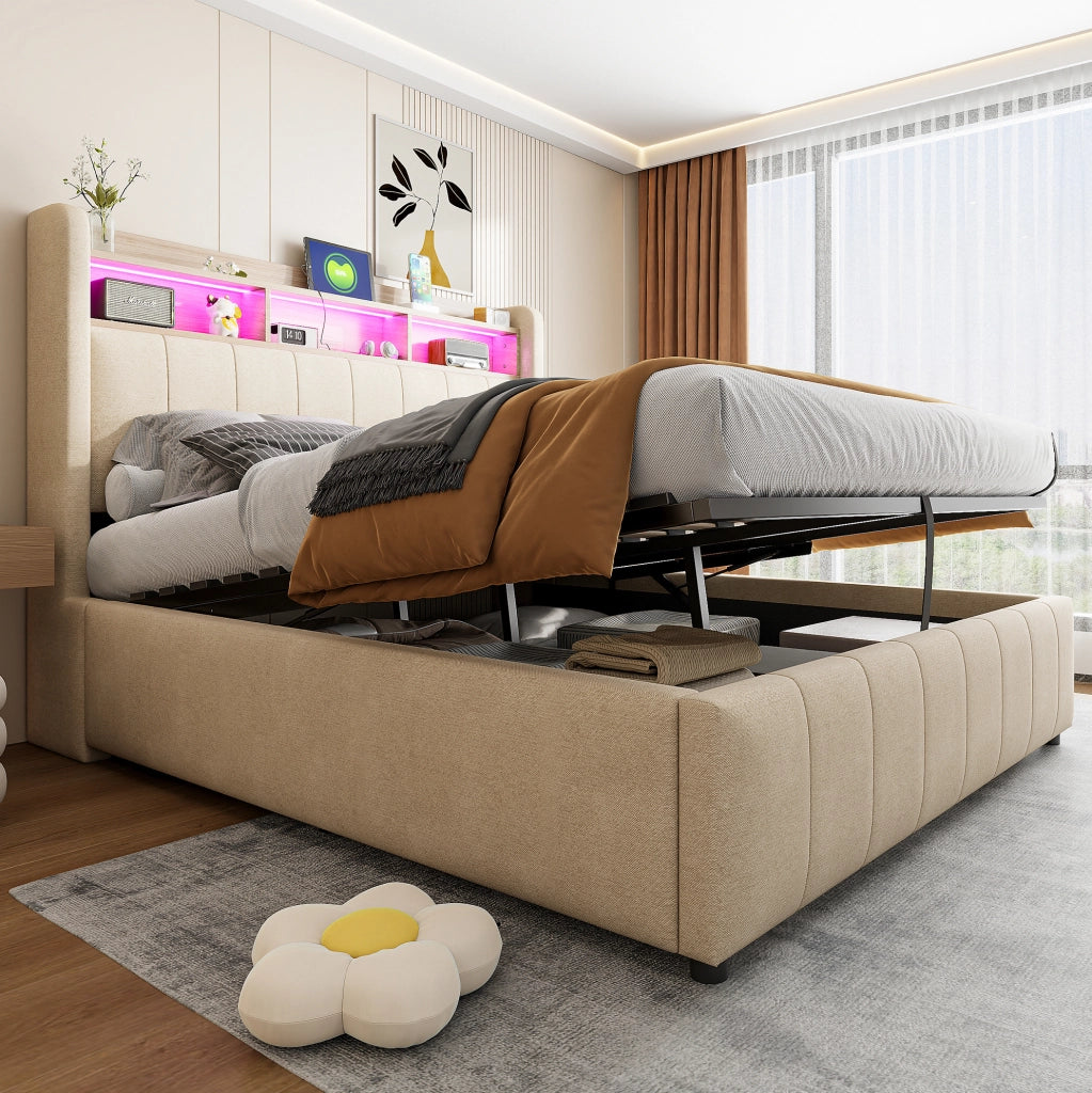 Letto imbottito 140 x 200 cm con vano contenitore idraulico; LED; USB e Type-C; beige