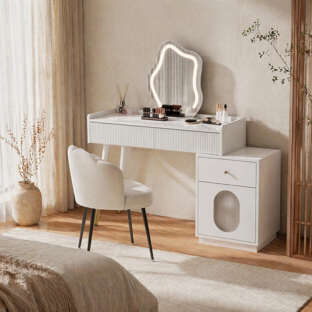 Tavolo da trucco con specchio LED e illuminazione, colore bianco, con due cassetti e mobile laterale, 100 x 75 x 40 cm