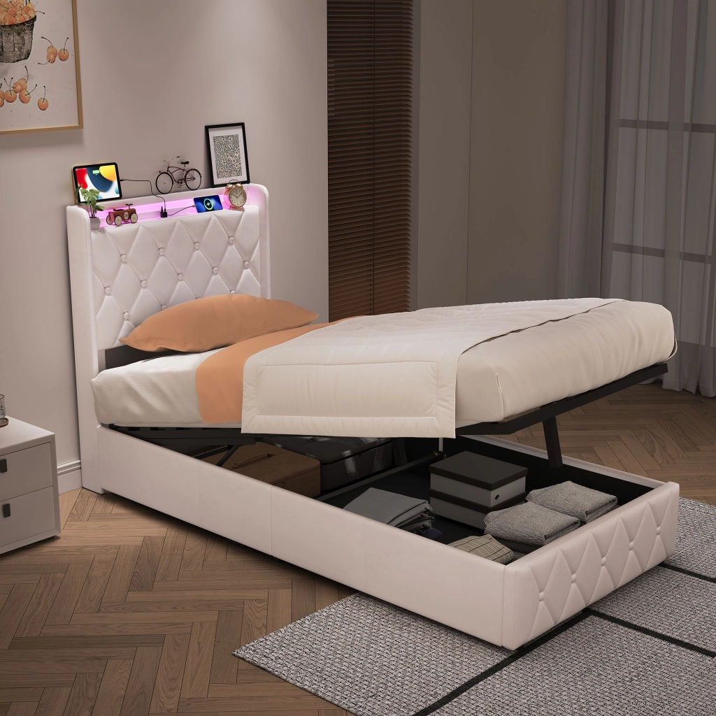 Letto singolo 90x200 cm con contenitore LED USB testiera imbottita mensole rete a doghe metallo legno velluto - beige