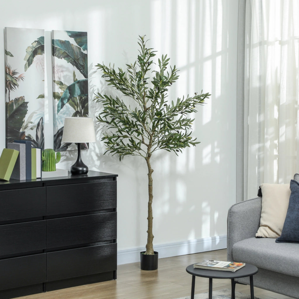 Pianta Artificiale di Olivo Alta 180 cm con 900 Foglie e 40 Olive Vaso Incluso Nero