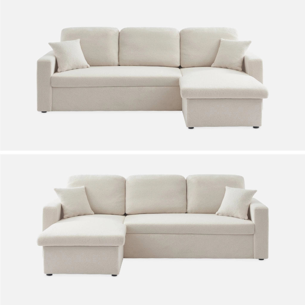Divano letto angolare reversibile in bouclé, 3 posti, crema