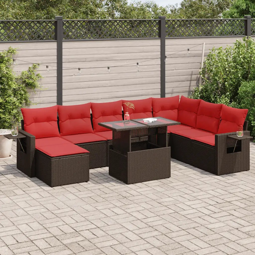 Set Divani da Giardino 9 pz con Cuscini Nero Polyrattan Acacia