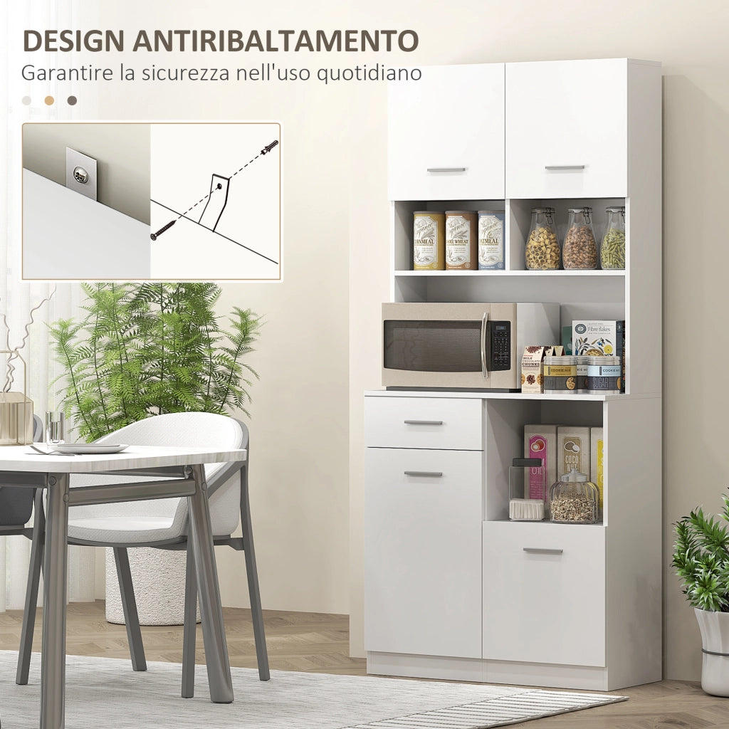 Mobile Dispensa in Legno con Cassetto, 4 Armadietti e 3 Ripiani Aperti, 80x35x180 cm, Bianco
