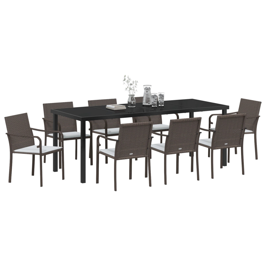 Set da Pranzo da Giardino 9 Pezzi con Cuscini in Polyrattan Marrone
