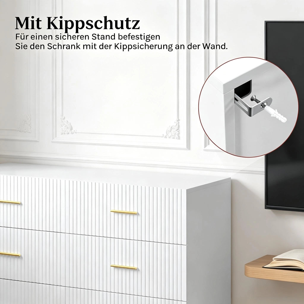Cassettiera con 6 cassetti in truciolare con rivestimento melaminico bianca e oro per soggiorno e camera da letto