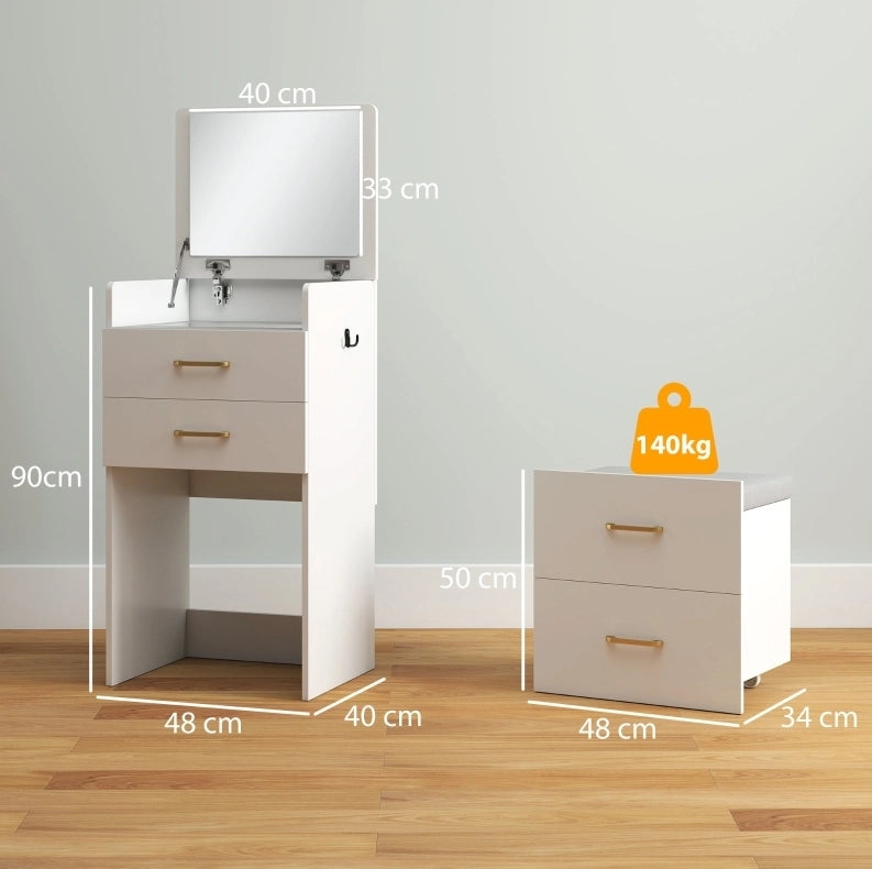 Toeletta 3 in 1 bianca con specchio, cassetti e sgabello con ruote
