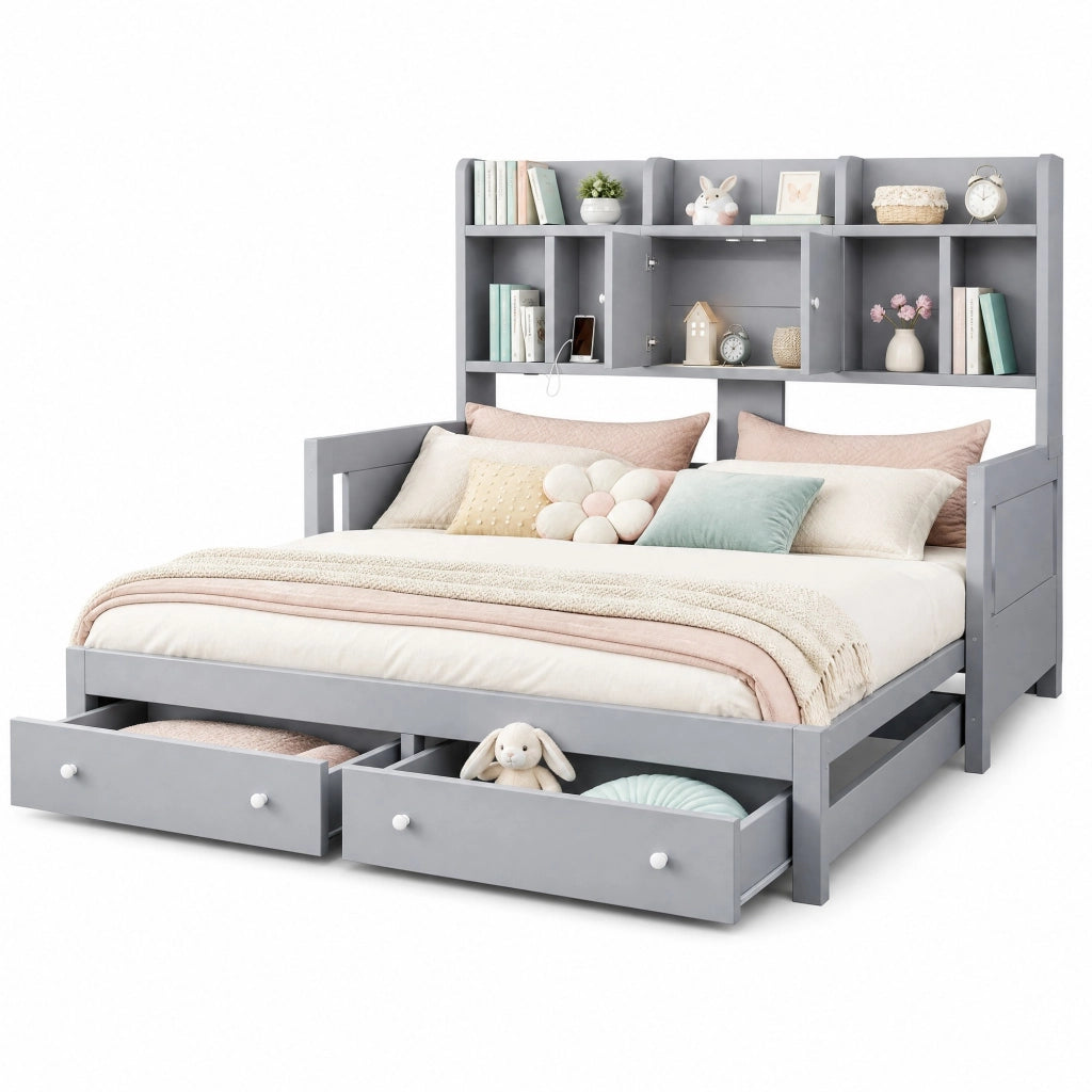 Divano letto estraibile multifunzione 90/180x190 cm in legno; grigio