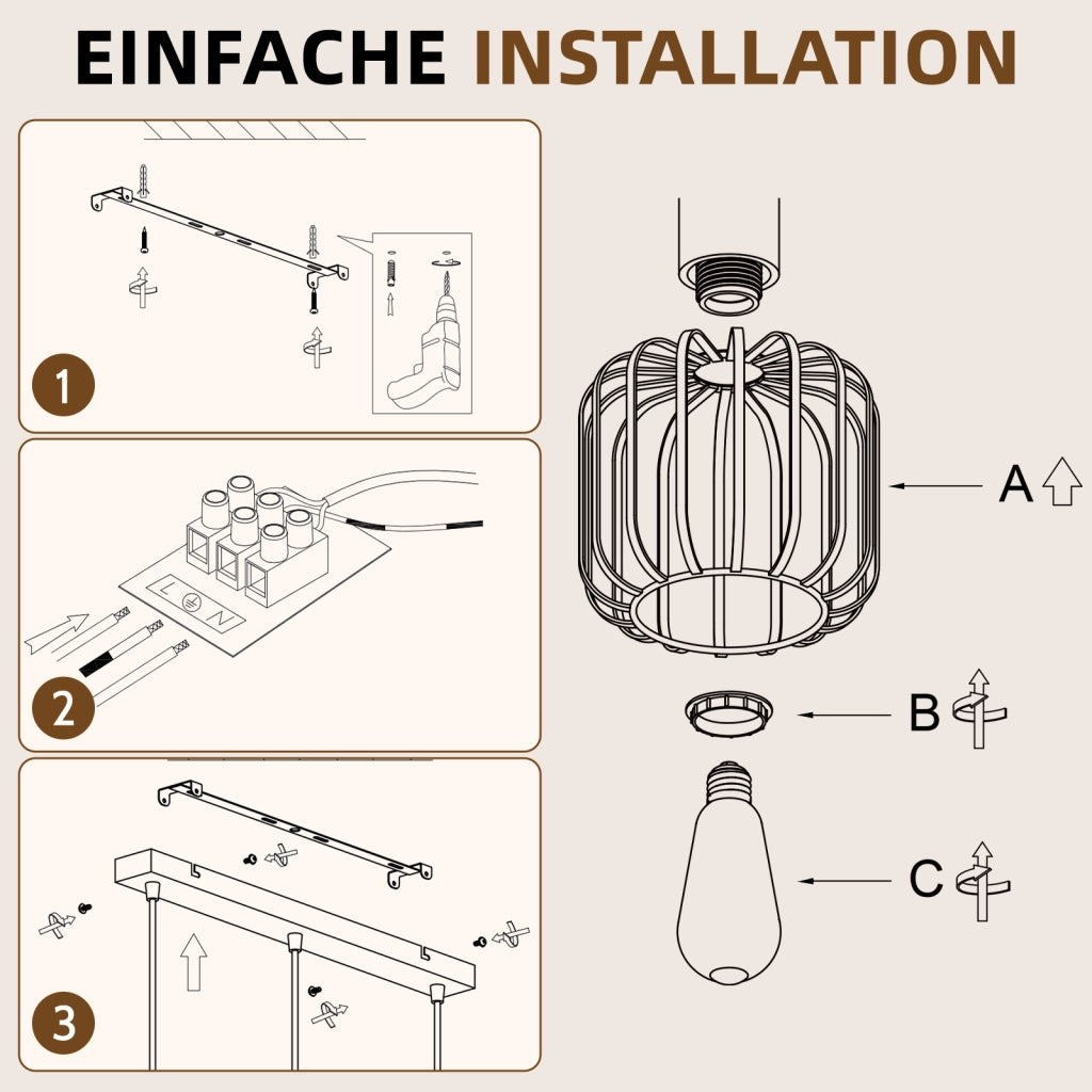 ZMH Lampada a Sospensione 3 Luci Grigio Legno E27 Moderna per Cucina Isola Soggiorno Camera Senza Lampadina