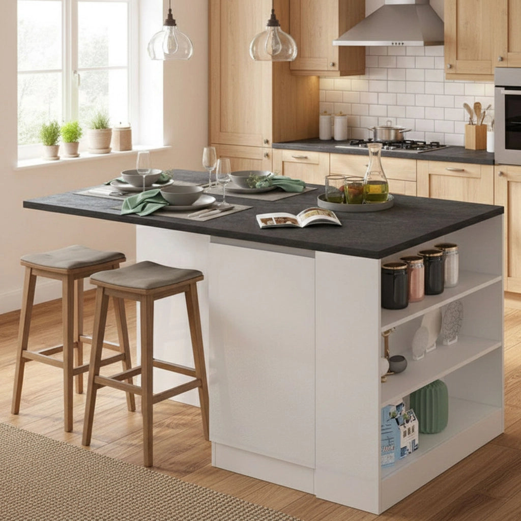Isola da cucina Abern, Tavolo ausiliario portaoggetti, 100% Made in Italy, 160x90h90 cm, Bianco lucido e Ardesia
