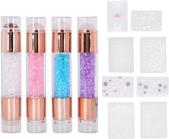 Set di Stampa per Unghie - Stampa in Silicone - Estremità Doppia - Tavole per Nail Art - Pennelli - Utilizzo a Casa per Salon delle Unghie - Stampatrice per Nail Art
