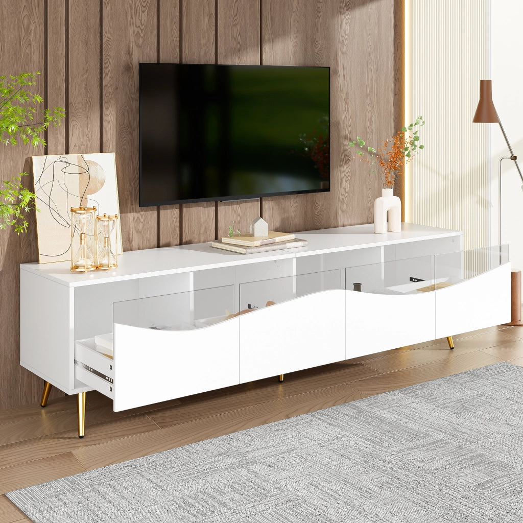 OKWISH Mobile TV con Vani Contenitori, LED e Passacavi, Frontali in Vetro, per Soggiorno, MDF, Bianco, 180 x 40 x 50 cm