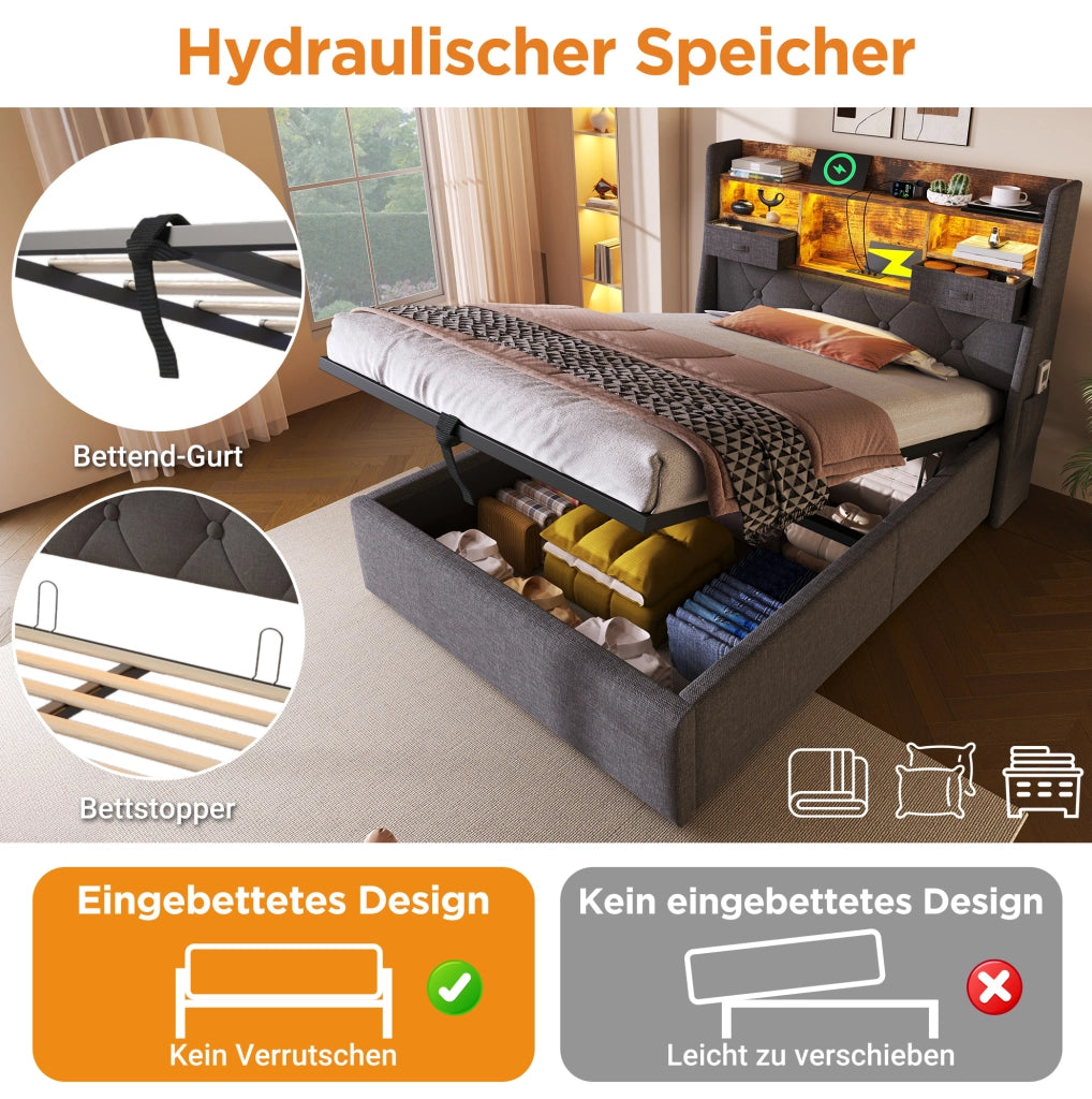 Letto imbottito 90 x 200 cm con LED, USB e vano contenitore