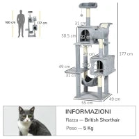 Albero per Gatti con Amaca, Lettino e 2 Casette, in Truciolato e Peluche, 55x49x177 cm, Grigio e Bianco