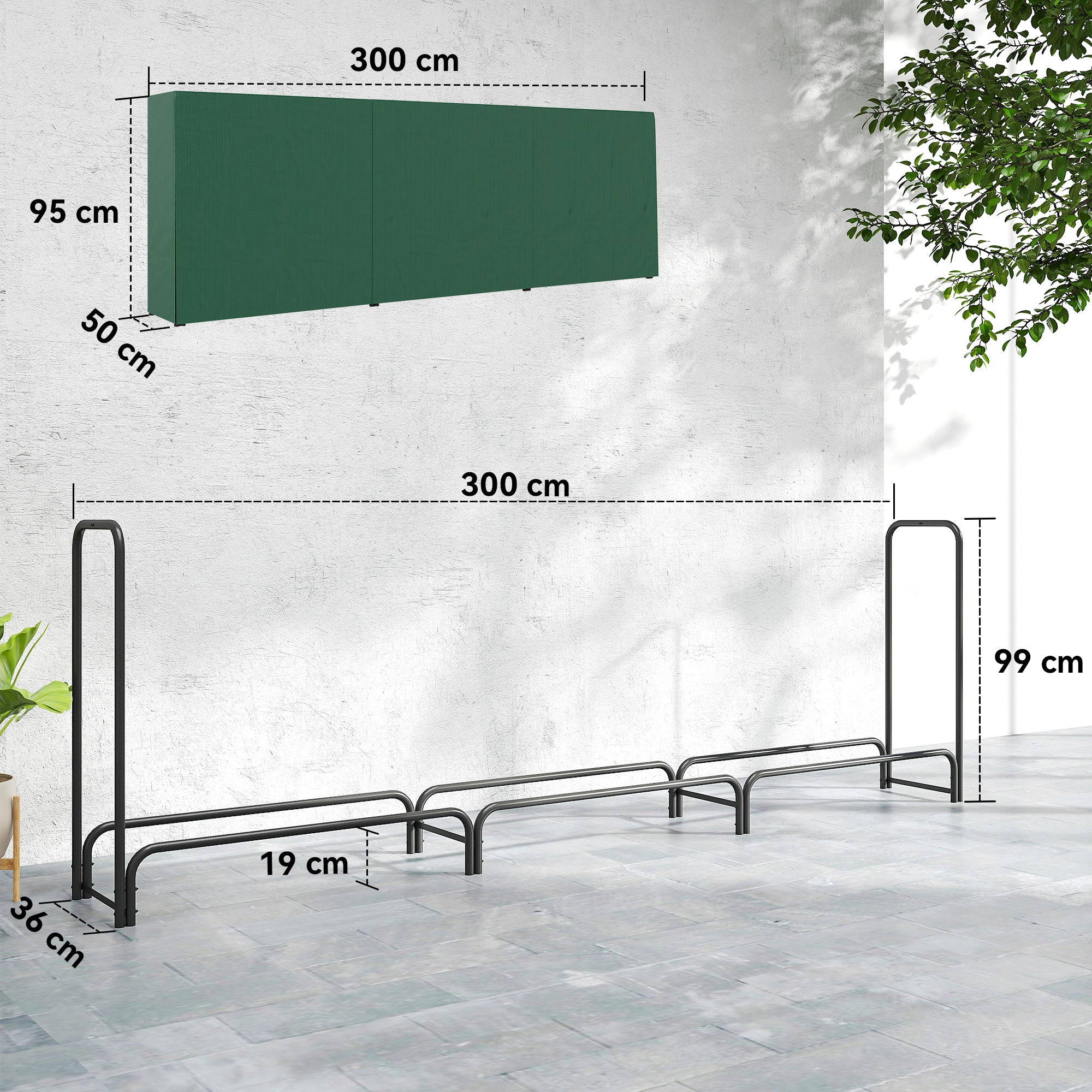 Portalegna Regolabile 300x36x99 cm con Telo Impermeabile in PE e Metallo Nero e Verde Scuro