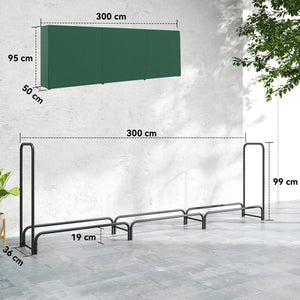 Portalegna Regolabile 300x36x99 cm con Telo Impermeabile in PE e Metallo Nero e Verde Scuro