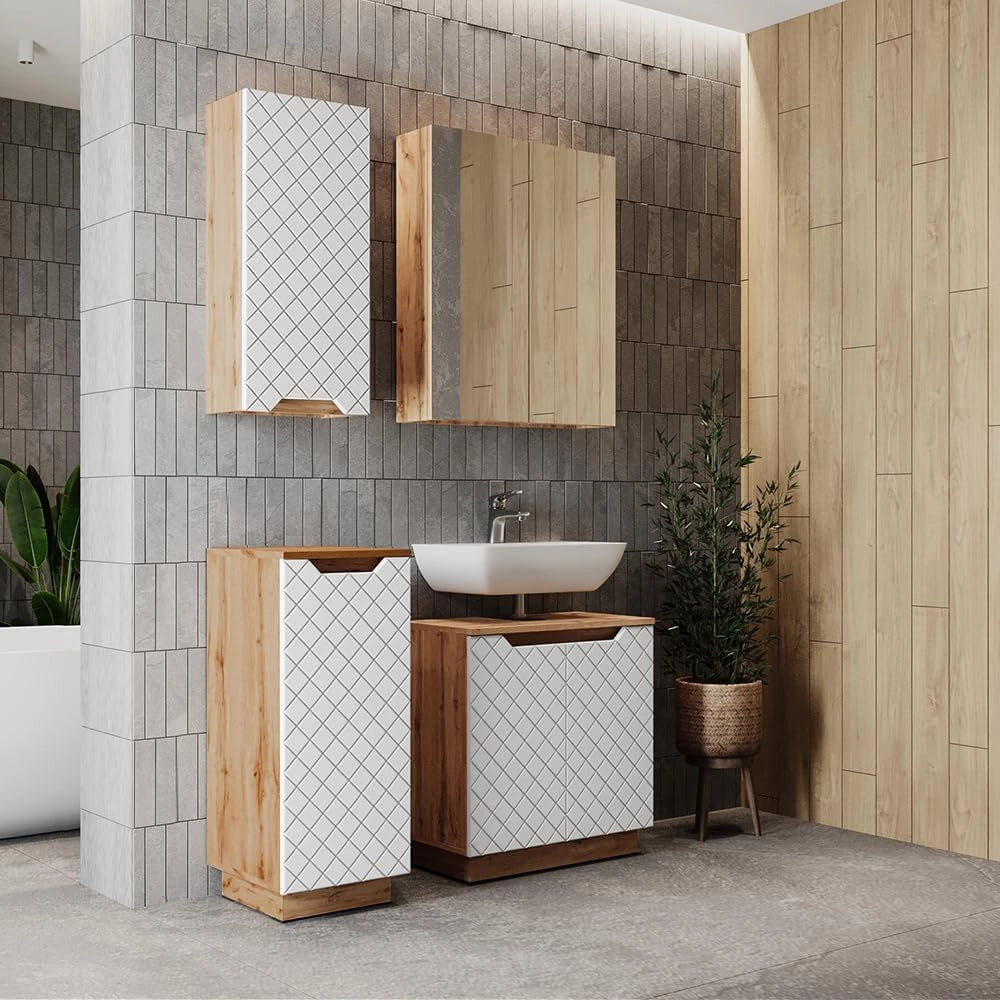 Set di mobili da bagno Lotta, Bianco, 59.8 cm, composto da mobile sottolavabo, specchiera, armadio medio e pensile