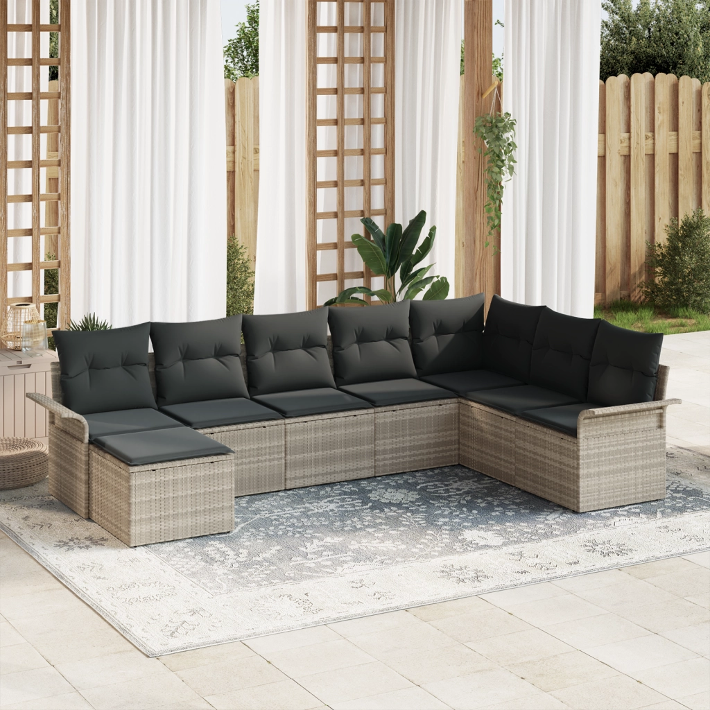 Set Divano da Giardino  8 Pezzi con Cuscini Grigio Chiaro Polyrattan