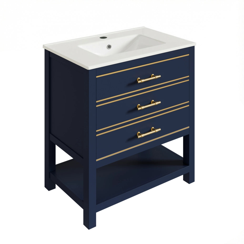 Mobile Bagno Sottolavabo con Lavabo in Ceramica ¨C MINIMAL ¨C 2 Cassetti, MDF Laccato, Maniglie Dorate
