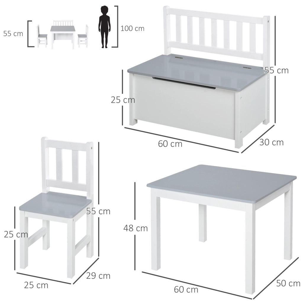 Tavolo Bambini con 2 Sedie e Cassapanca ¨C zephmum ¨C Legno Bianco e Grigio