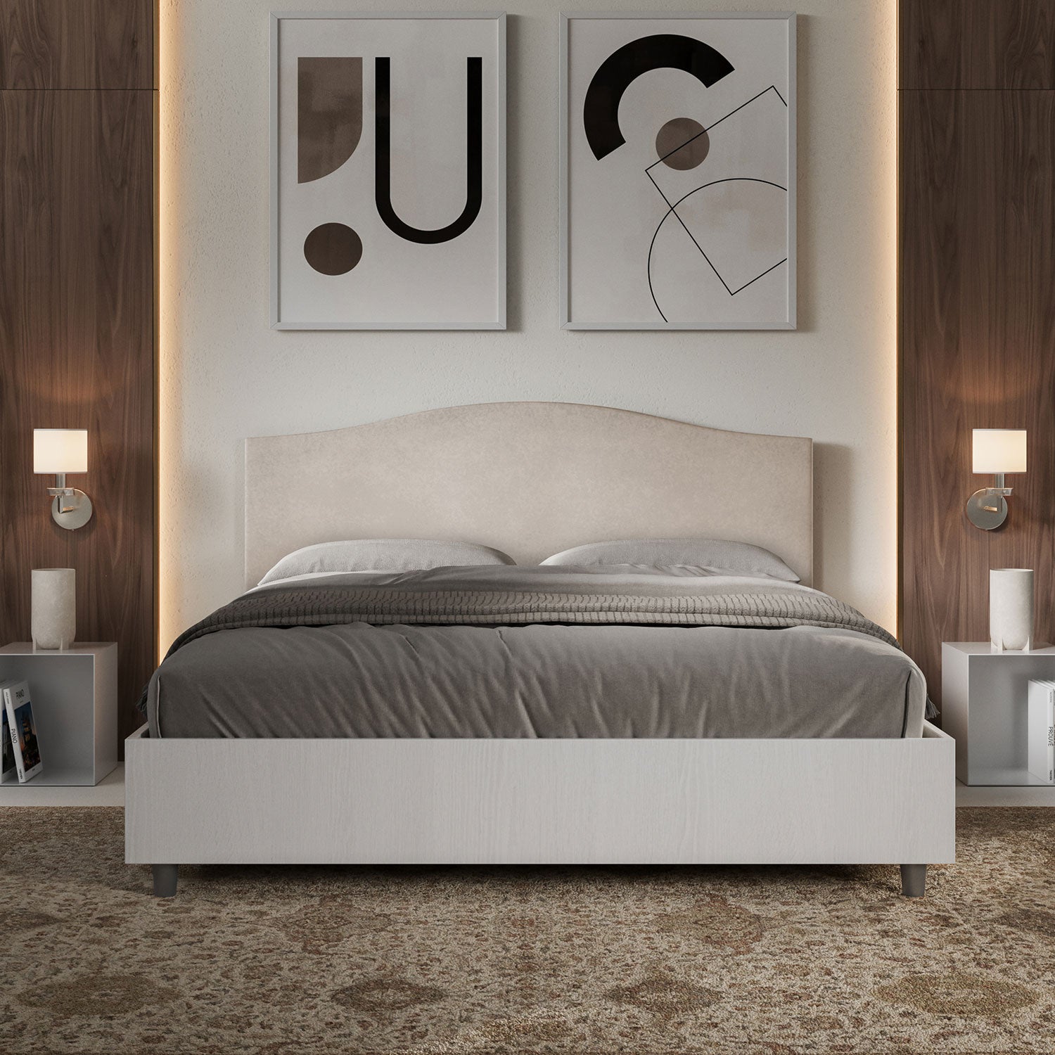 Letto Matrimoniale 160x190 cm con Rete e Contenitore Alzata Comoda Struttura Bianco Frassico e Testata in Microfibra