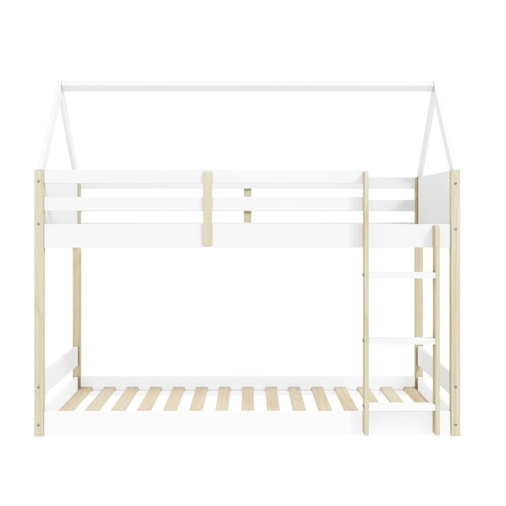 Letto a castello Montessori a forma di casetta in legno bianco – Due sogni sotto un unico tetto, con stile e funzionalità