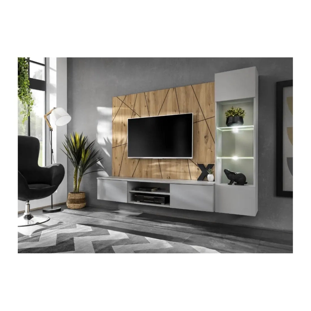 Composizione murale IXAR geometrica – Mobile TV + vetrina sospesa + pannelli decorativi