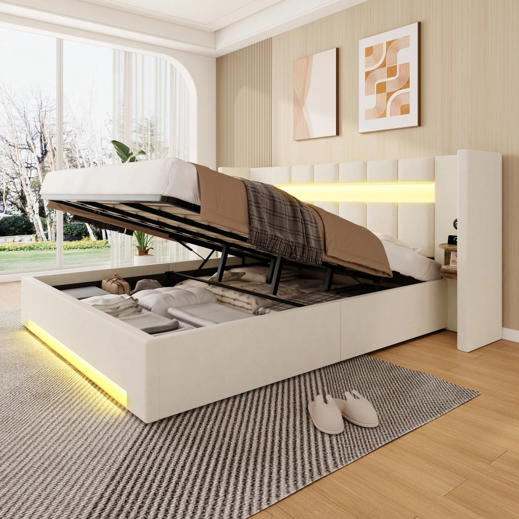 Letto Contenitore 180x200 cm - USB; LED; armadietti retro - in Velluto Beige