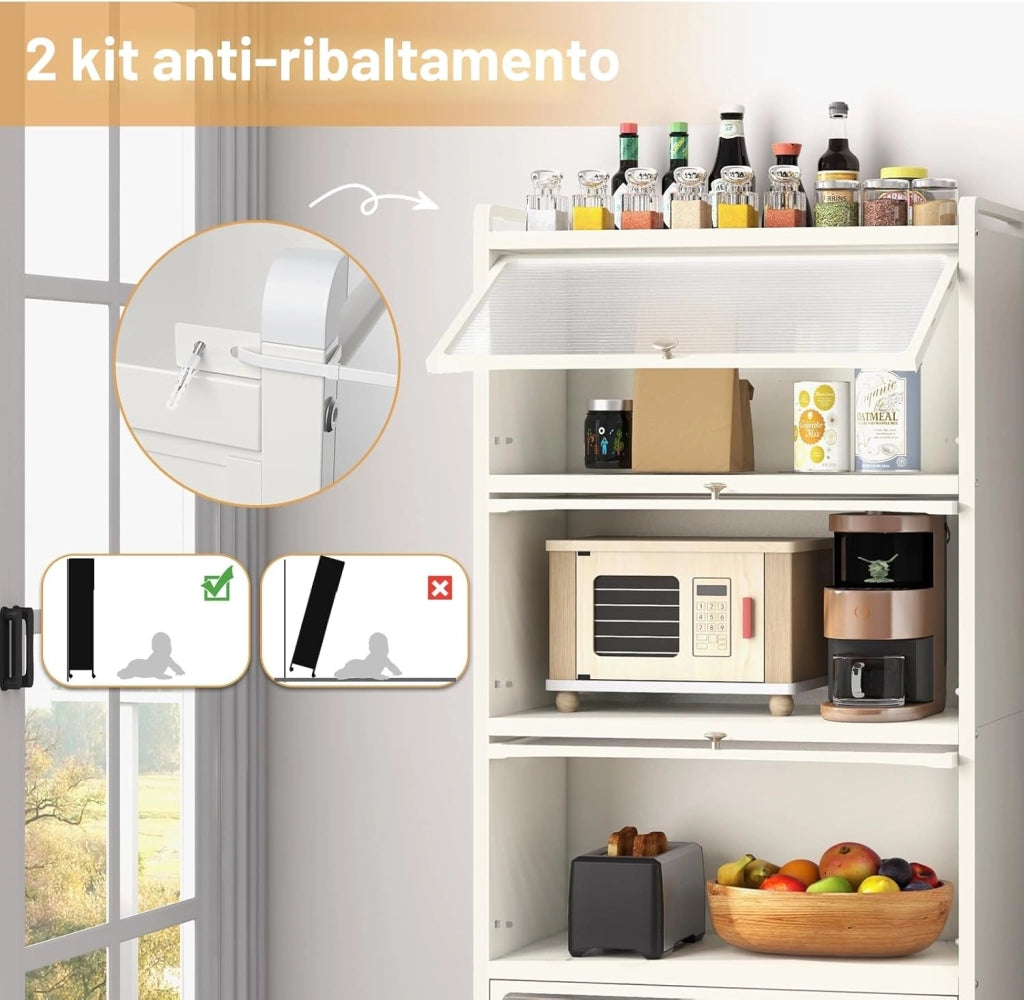 Mobile Dispensa Cucina a 5 Livelli, Mensola Microonde con Anta a Vista, Ruote, Dispositivo Antiribaltamento, Scaffale da Cucina in Ferro per Soggiorno, Sala da Pranzo, 60x32x154cm (Bianco)