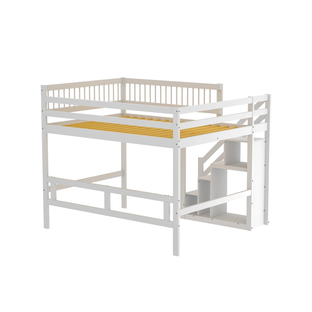 Letto a Soppalco Matrimoniale con Scala Contenitore e Sponda Alta; 140×200 cm; senza Materasso; Bianco