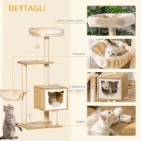 Tiragraffi per Gatti con 2 Pali, Casetta, Amaca, Lettino e 2 Palline, in Legno, Pile e Sisal, 48x40x126 cm