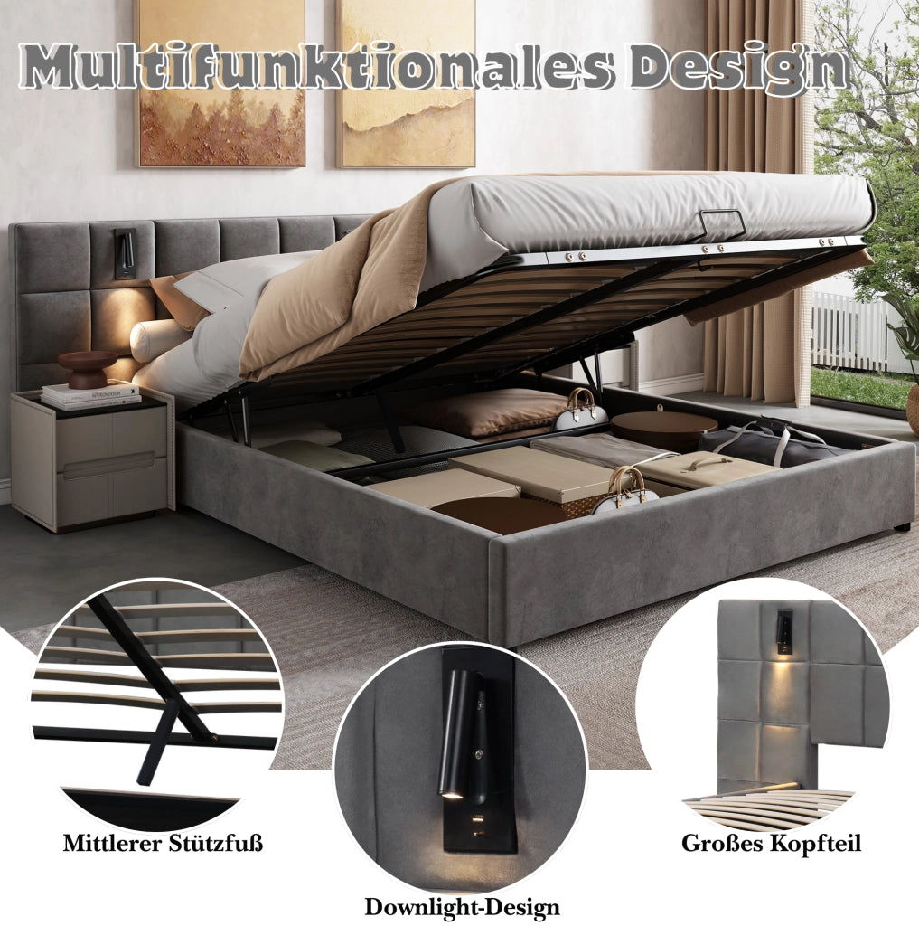 Letto imbottito 180x200 cm con contenitore, USB e luce LED