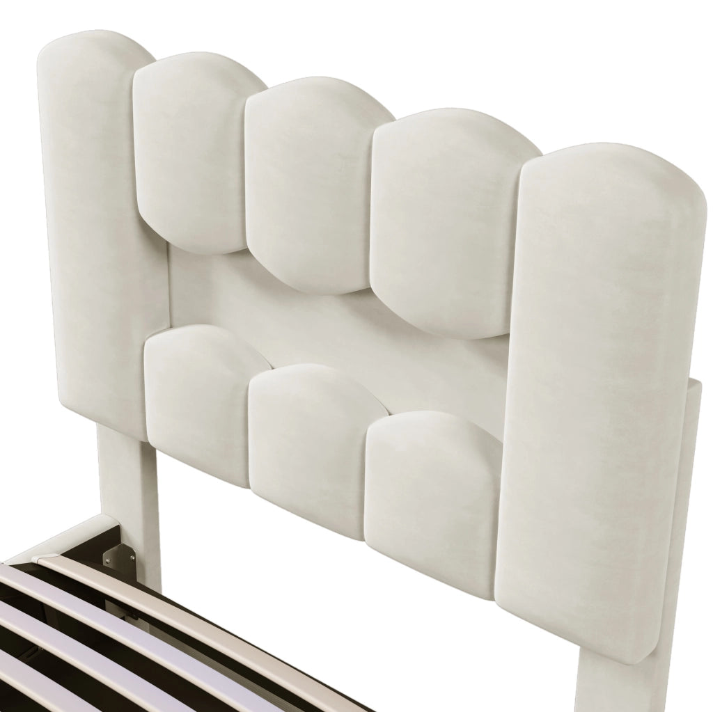 Letto imbottito 90x200 cm con contenitore idraulico; LED multicolore e testiera regolabile; beige