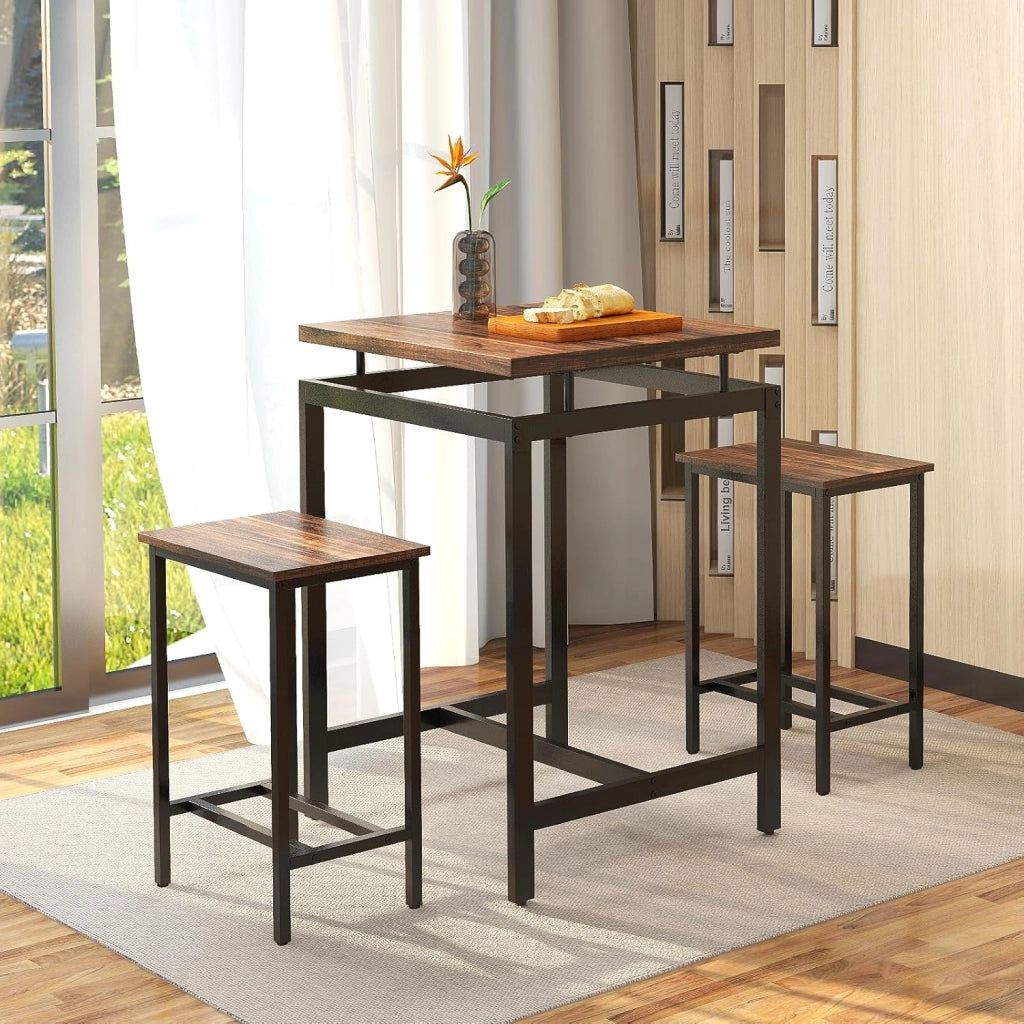 Tavolo da Bar con Sgabelli da Bar Incorporati, Tavolo da Pranzo con 2 Sedie, Tavoli da Cucina ad Altezza Banco, Piano a Sbalzo Spesso 30 mm, Marrone Rustico