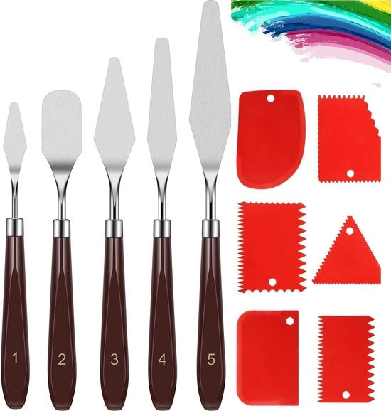 11 set di spatole per acrilica, palletmessen per pasta strutturante, 5 set di pennelli con 6 lame, palletmessen in acciaio inox