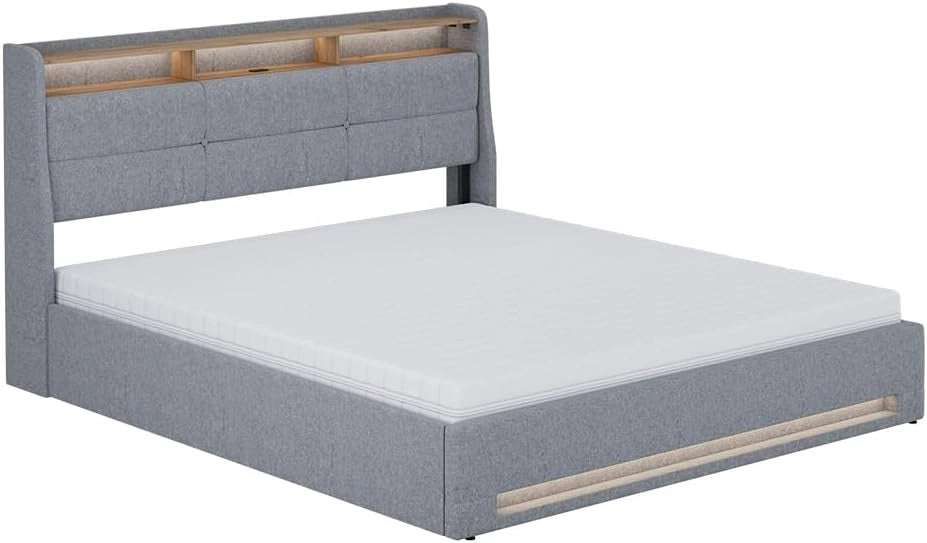 Letto imbottito Christin, Grigio/quercia, 180x200 con LED, porta USB e materasso