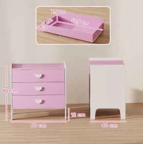 Cassettiera per bambini rosa e bianca con 3 cassetti