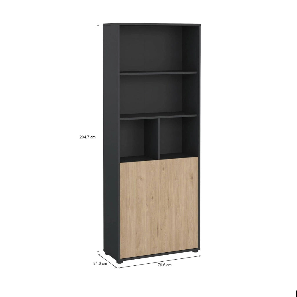 Libreria Arancio, Scaffale da ufficio, Mobile portalibri, Biblioteca, 80x34 h205 cm, Rovere e Grigio